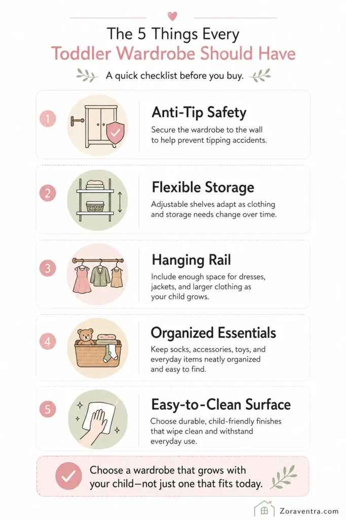 Checklist showing five essential features every toddler wardrobe should have, including anti-tip safety, adjustable shelves, hanging space, organised storage, and an easy-to-clean finish.