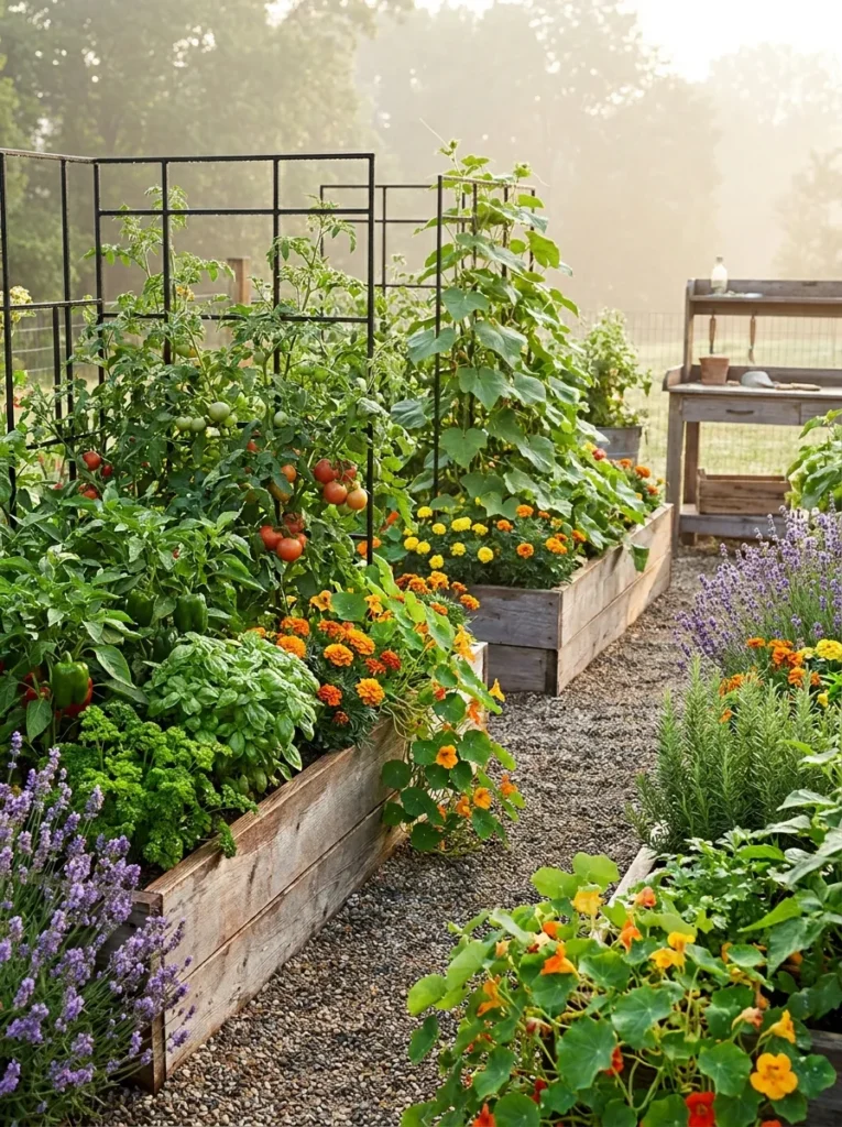 Beautiful companion vegetable garden combining vegetables, herbs, and flowering plants.