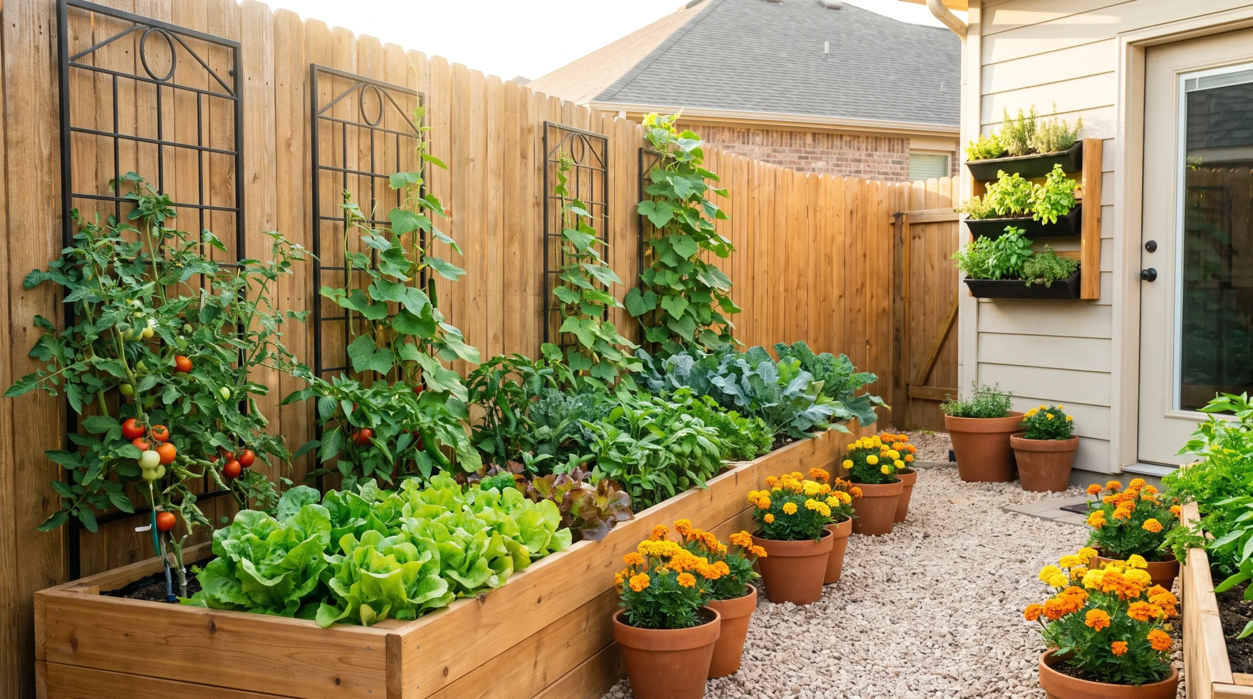 Small backyard featuring a beautifully designed vertical vegetable garden with raised beds, climbing vegetables, herbs, and trellises.