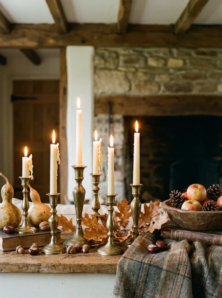 Mismatched antiqued brass taper candlesticks holding burning ivory candles