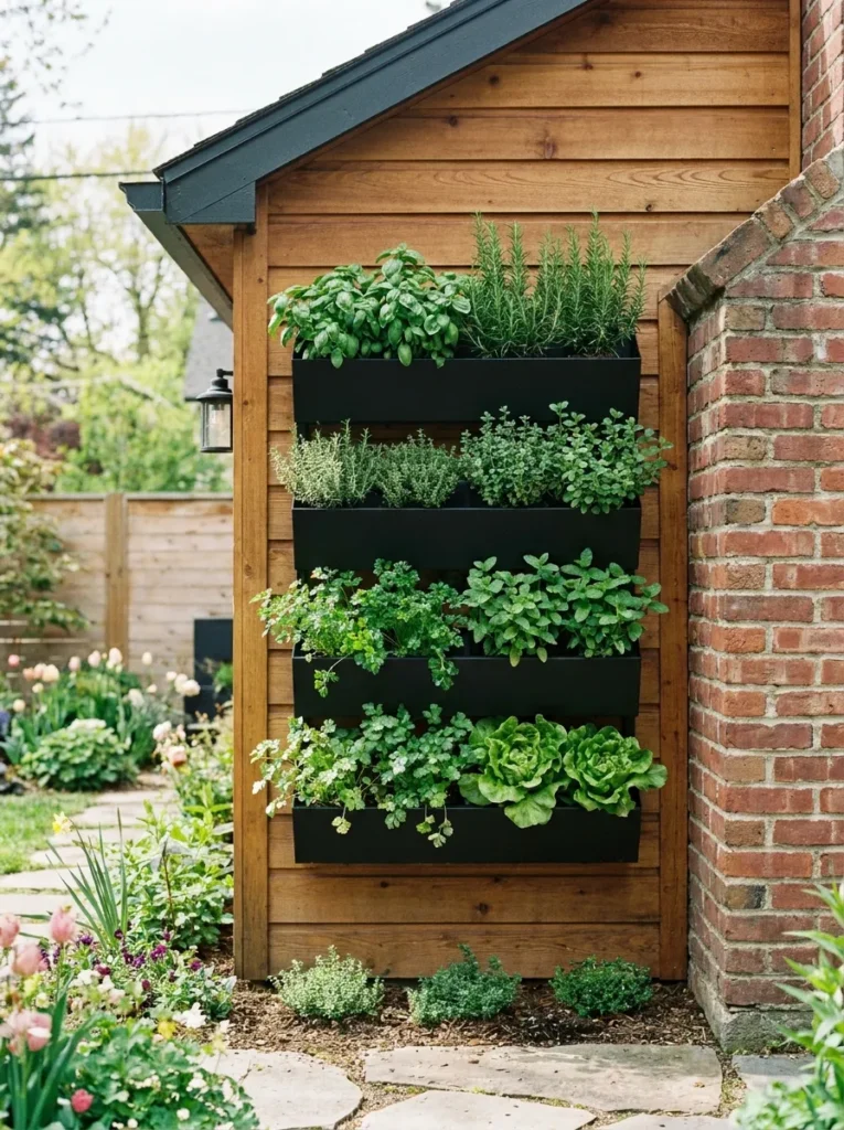 Wall-mounted herb garden growing fresh herbs beside a backyard shed.