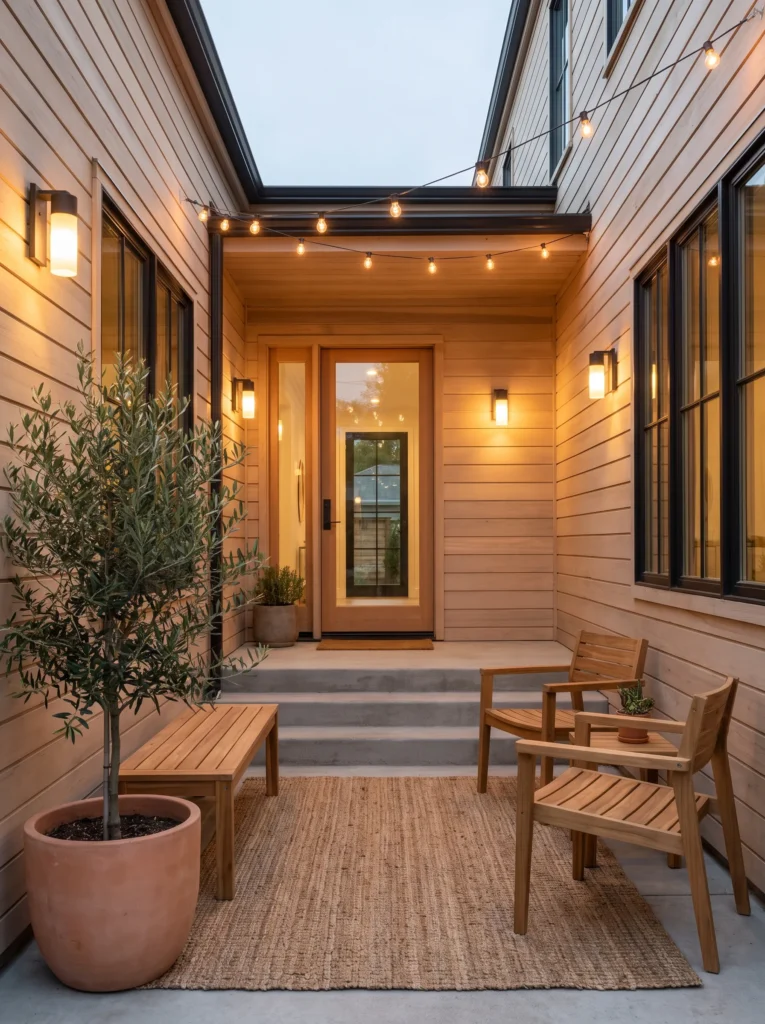 Finished minimalist porch with warm lighting, natural materials, and inviting outdoor seating.