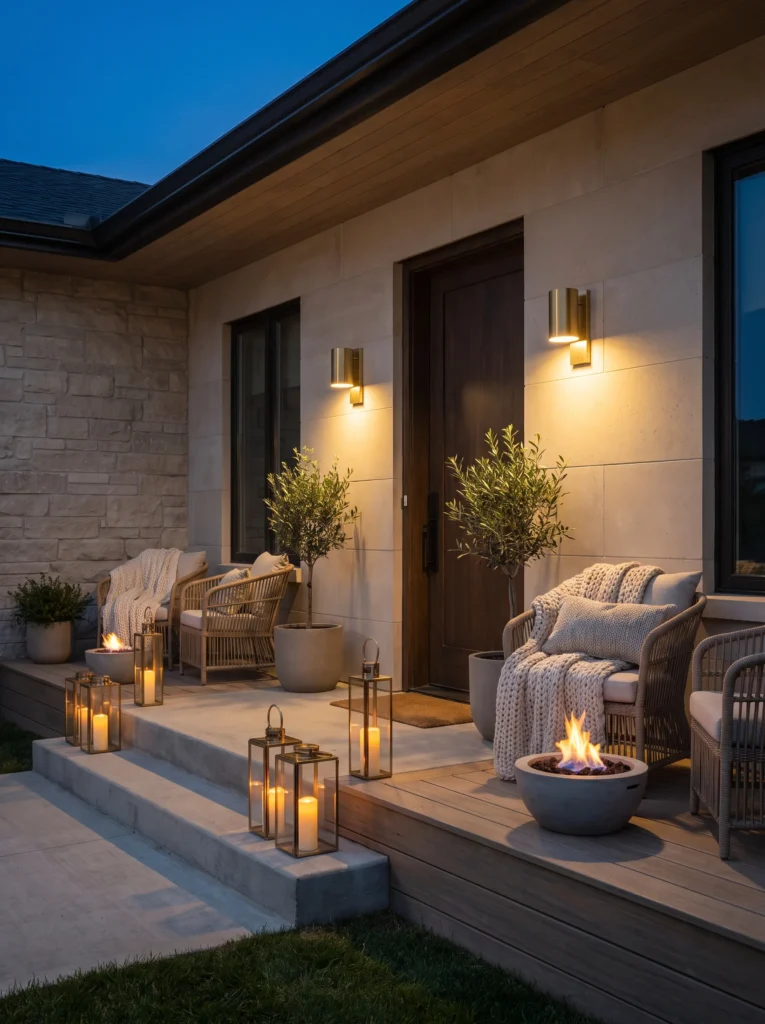 Minimalist porch illuminated with warm outdoor lighting in the evening.