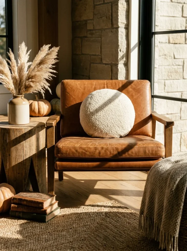 Round cream boucle accent pillow sitting on a cognac leather lounge chair