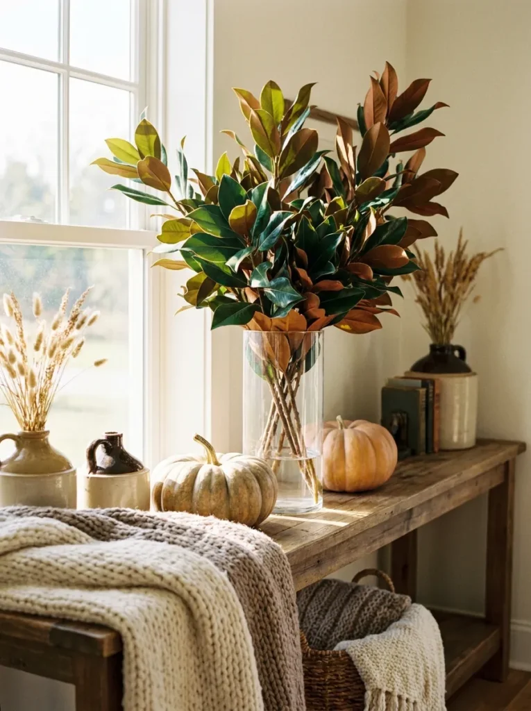Tall glass cylinder vase displaying structural emerald and brown magnolia branches