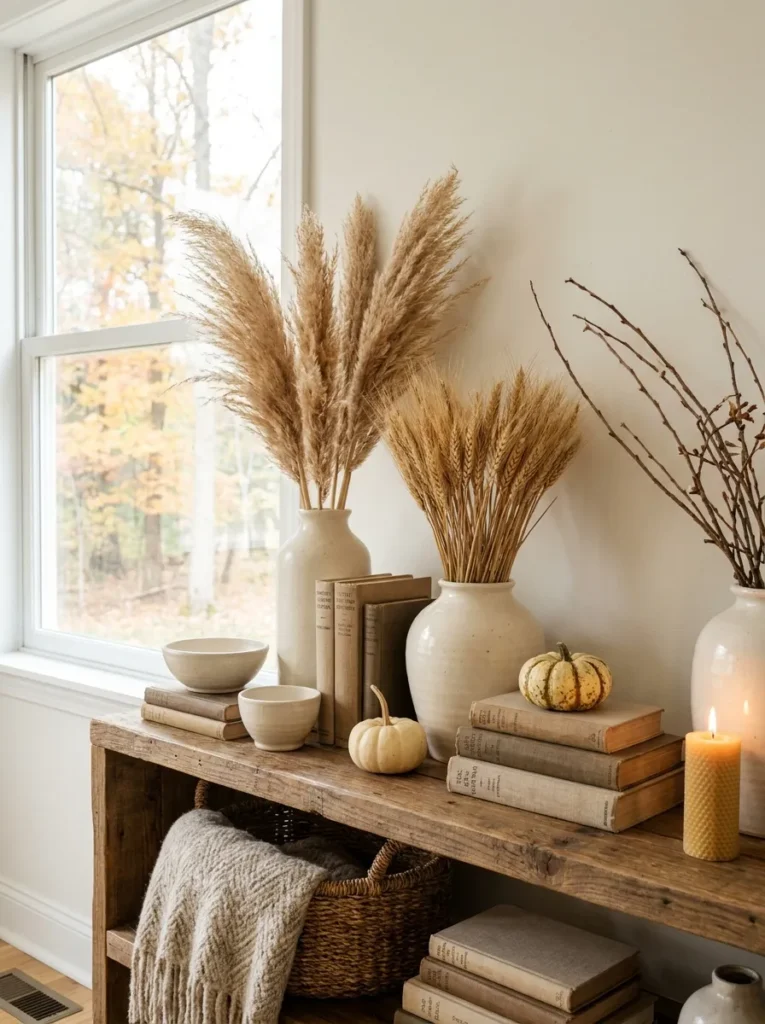 Monochromatic cream and beige pottery arrangement on a minimalist display shelf