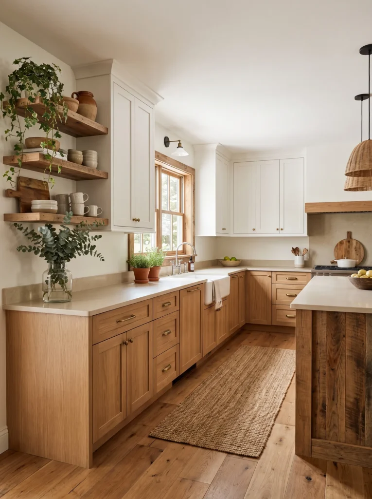 White kitchen cabinets paired with natural wood elements for a warm modern look