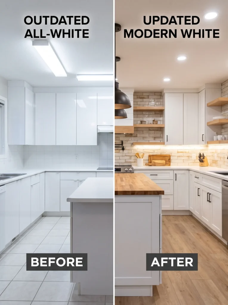 Comparison showing how to avoid making white kitchen cabinets look outdated