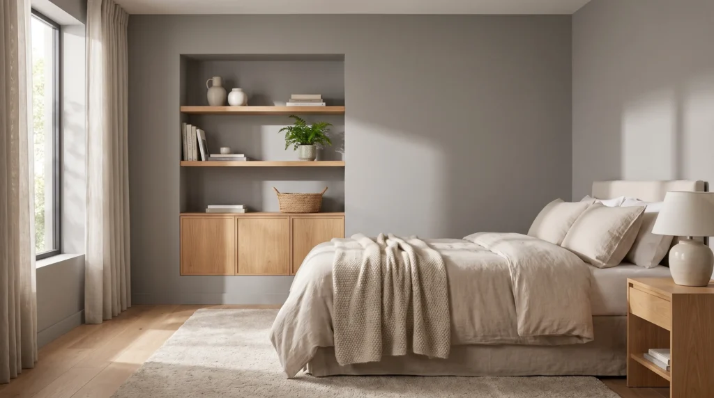 Bedroom niche turned into useful built-in storage in a warm contemporary bedroom