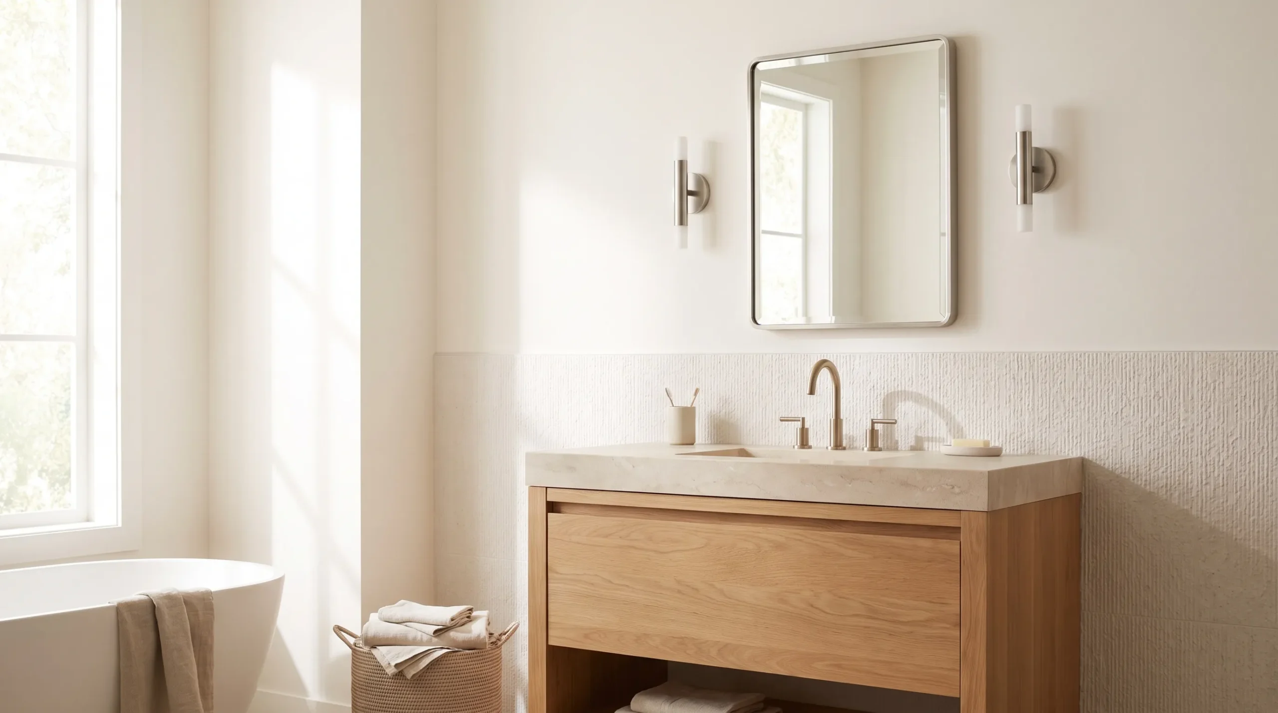 Bathroom mirror proportioned slightly narrower than a single vanity.