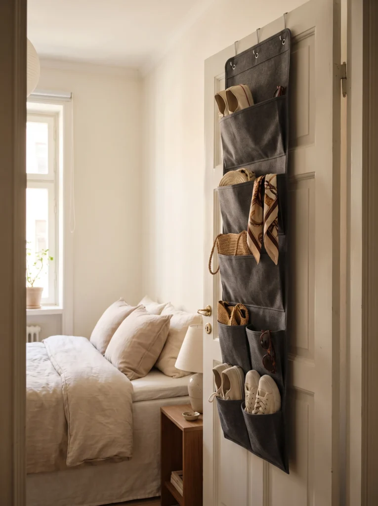 Over-the-door organizer in a small bedroom