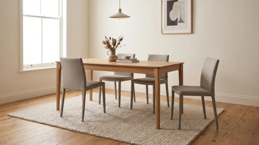 Dining chairs proportioned comfortably around a wooden dining table
