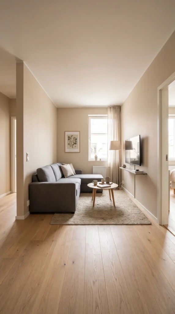 Compact sectional sofa arranged in a corner of a small living room with open circulation space