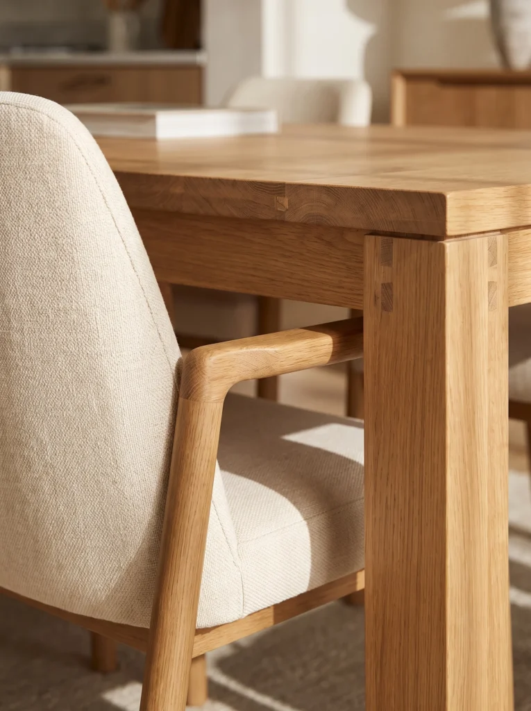 Close-up of dining chair fitting comfortably beneath a dining table