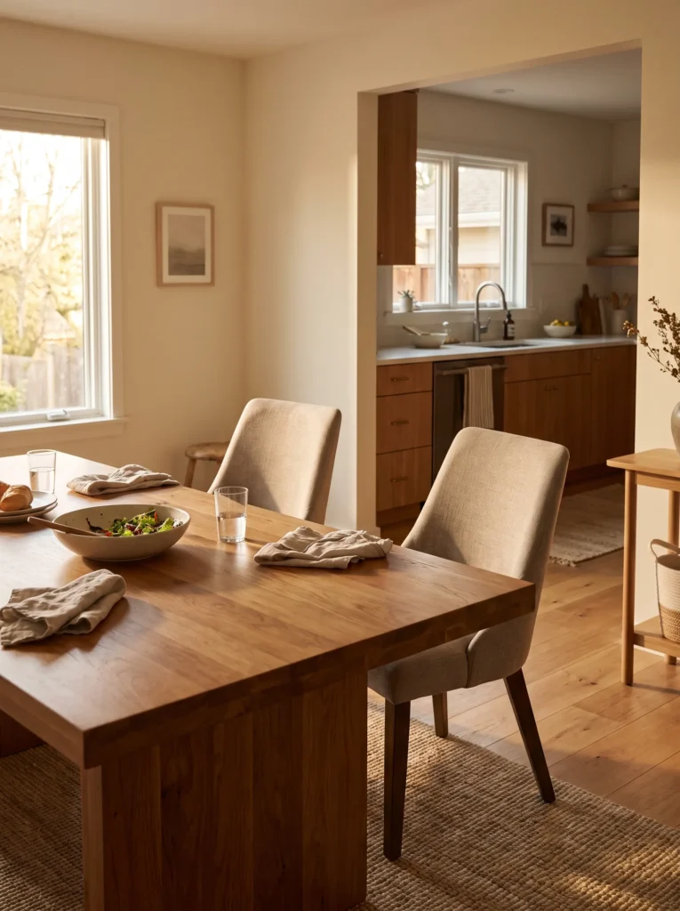 Dining chairs pulled away from the table with comfortable space for movement