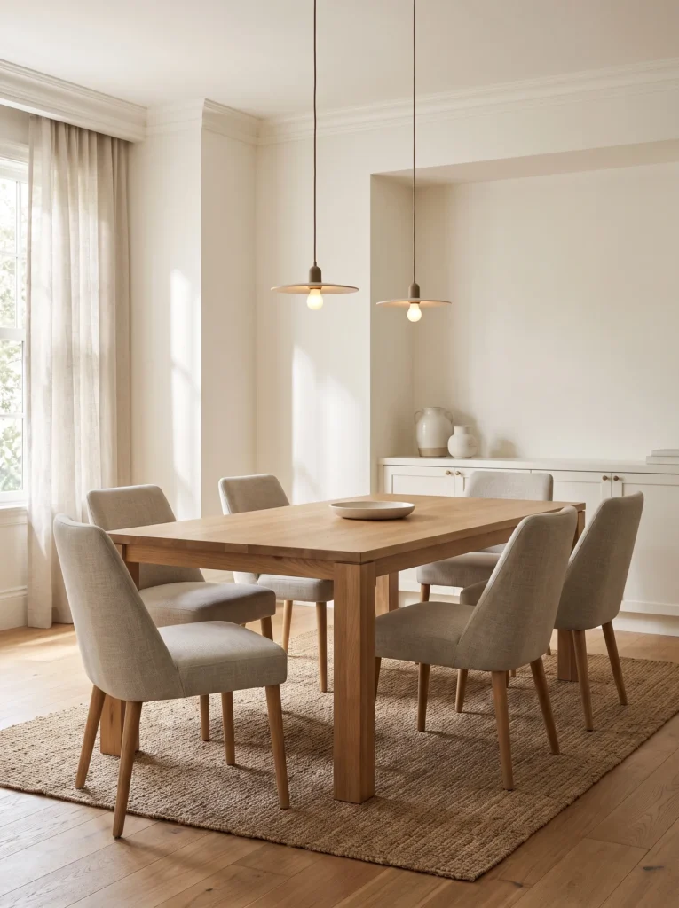 Dining table and chairs with comfortable proportions and practical legroom.