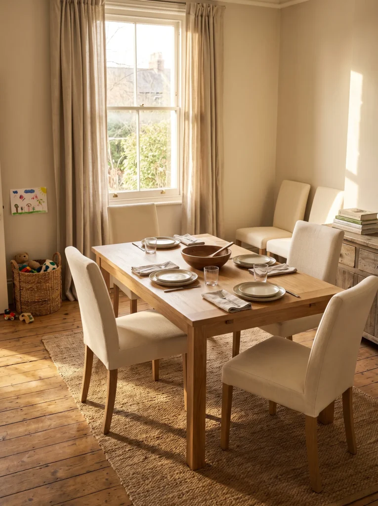 Dining table comfortably sized for everyday family meals and additional seating.