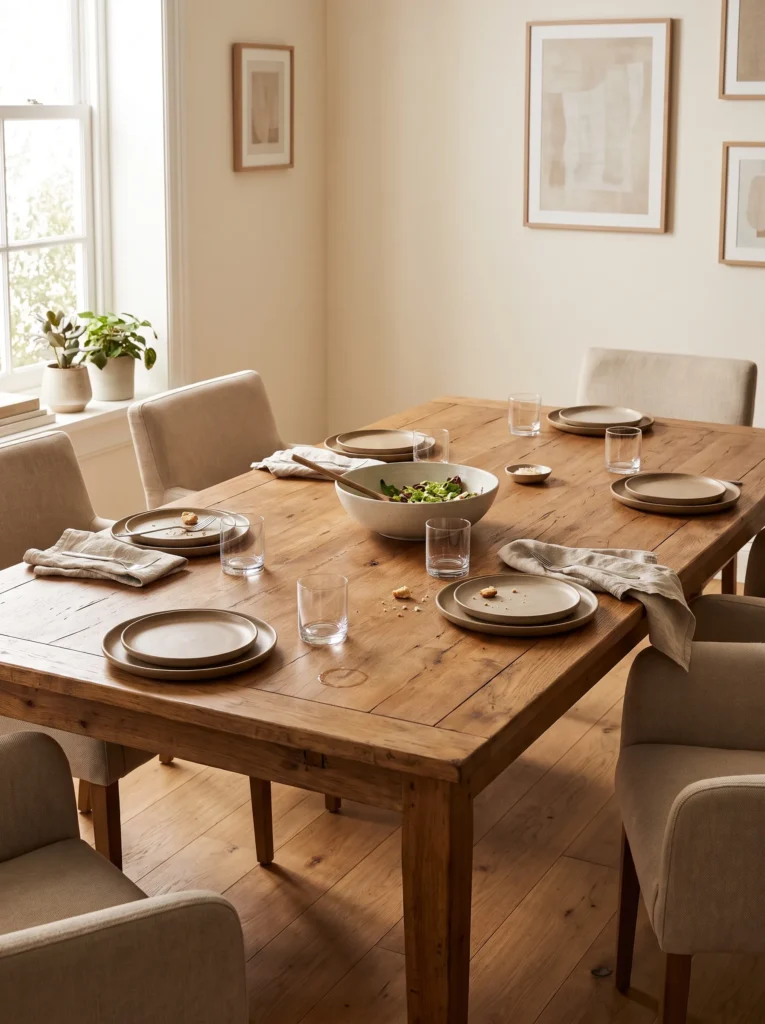 Natural wood dining table styled for everyday family meals in a warm dining room.