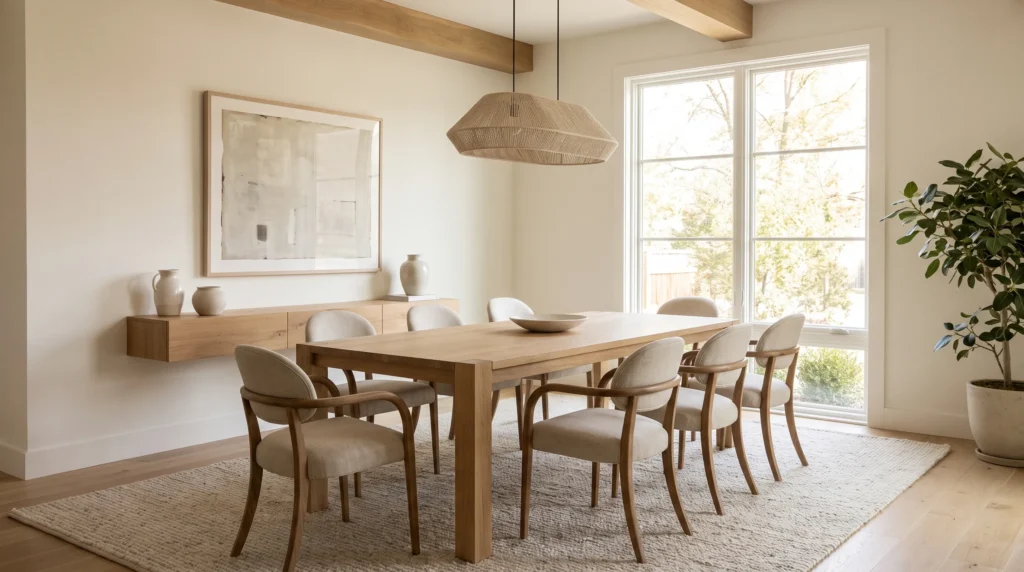 Dining table proportioned to leave comfortable walking space around the room.
