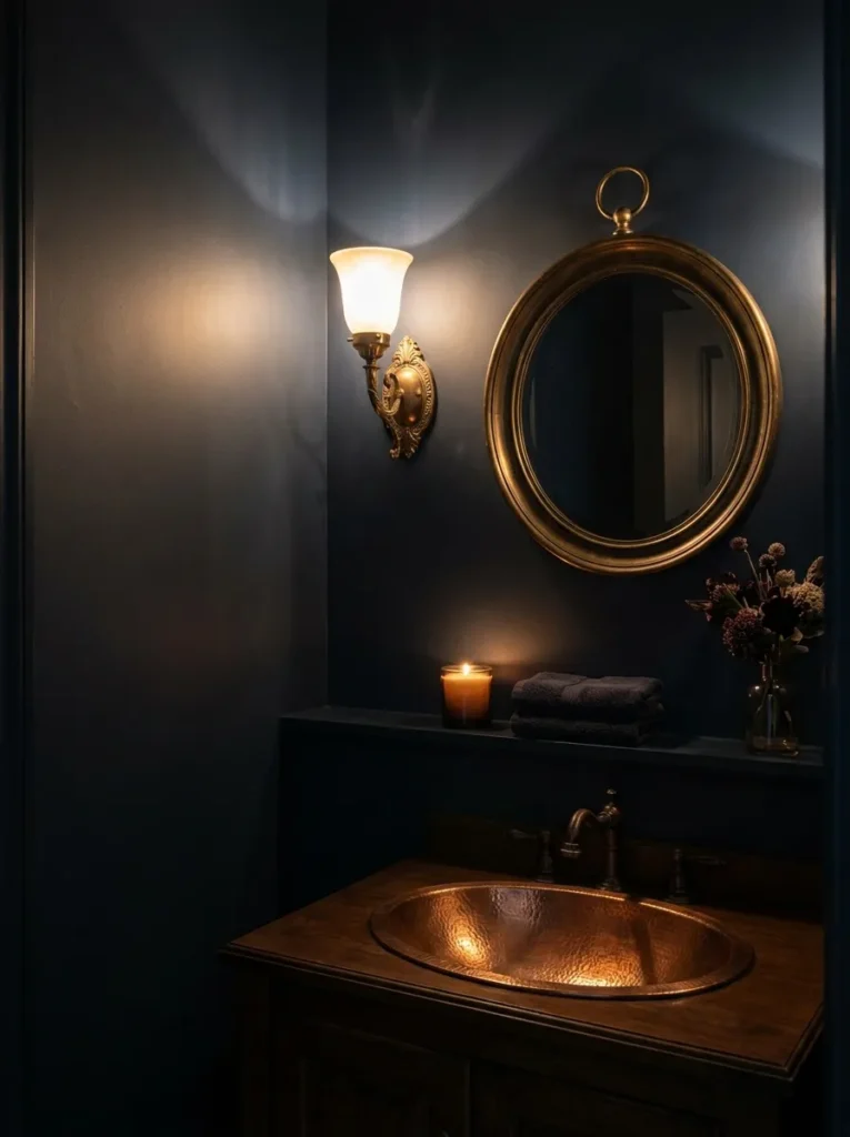 A moody, dramatic powder room painted in a deep dark color, showing that small spaces can embrace dark tones.
