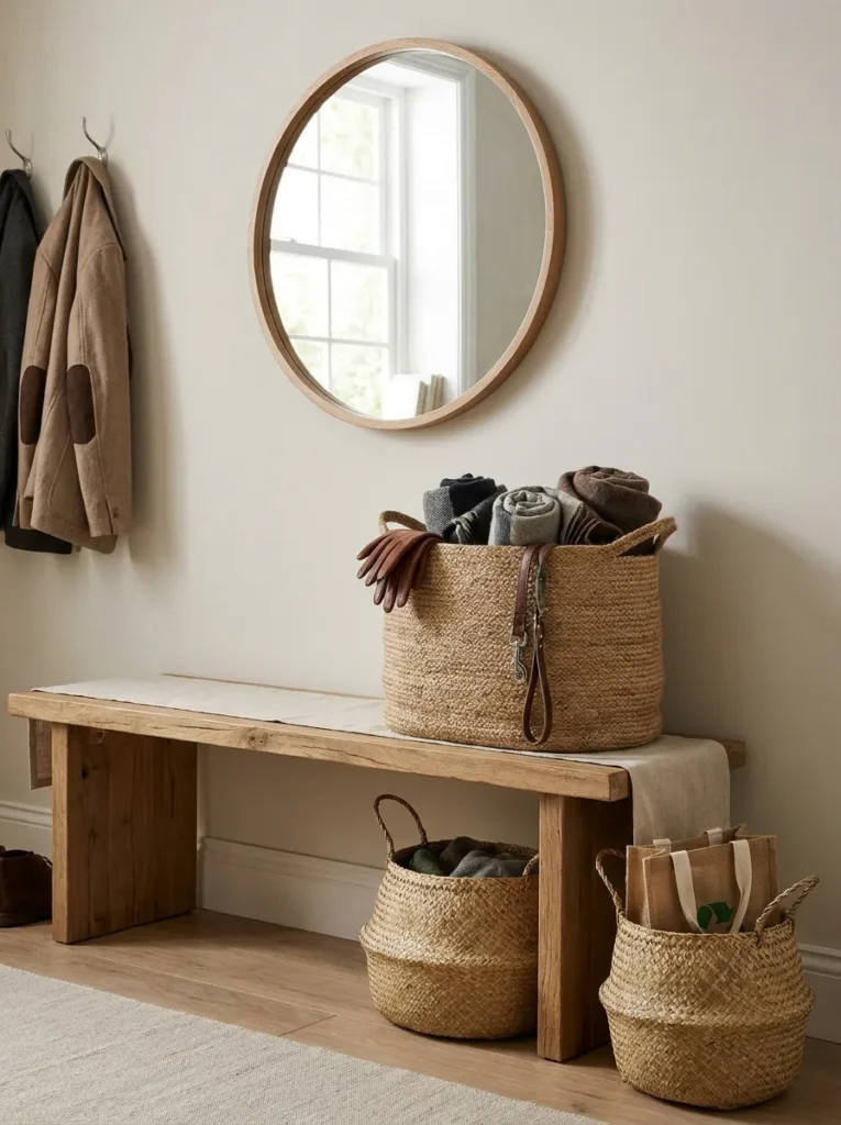 Entryway basket containing organized accessories