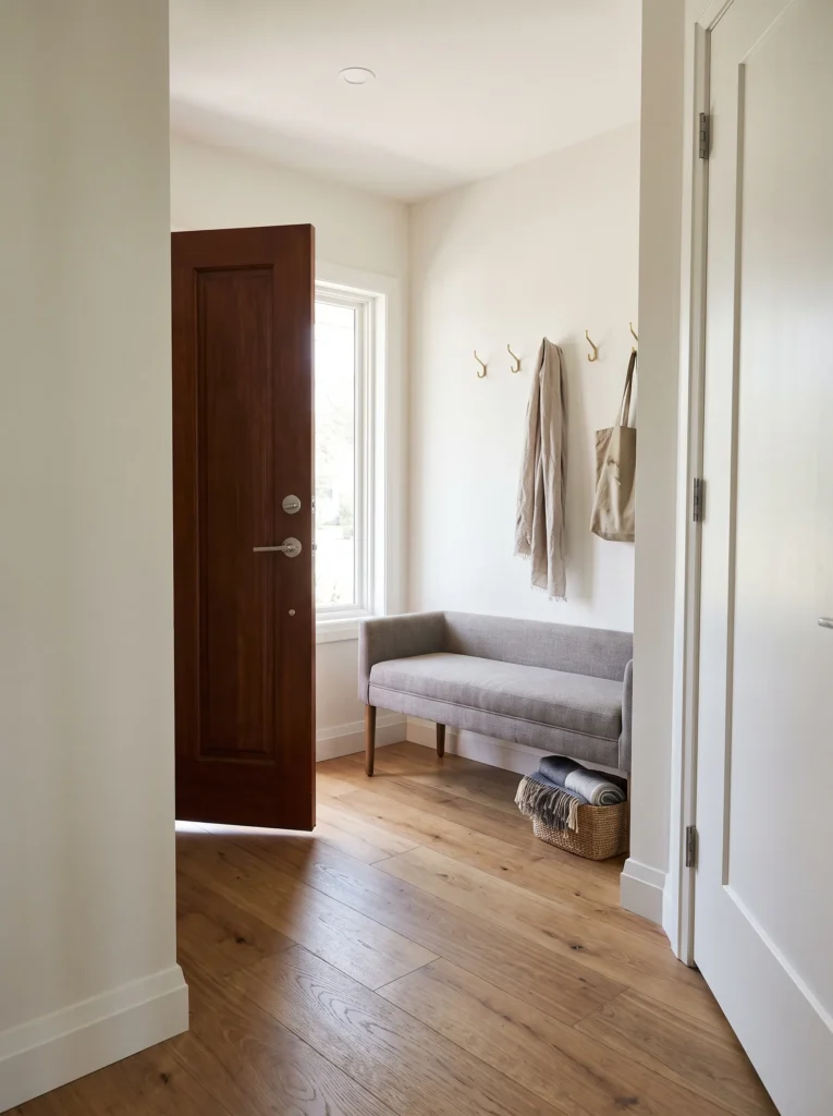 Entryway bench positioned without interfering with the front door swing.