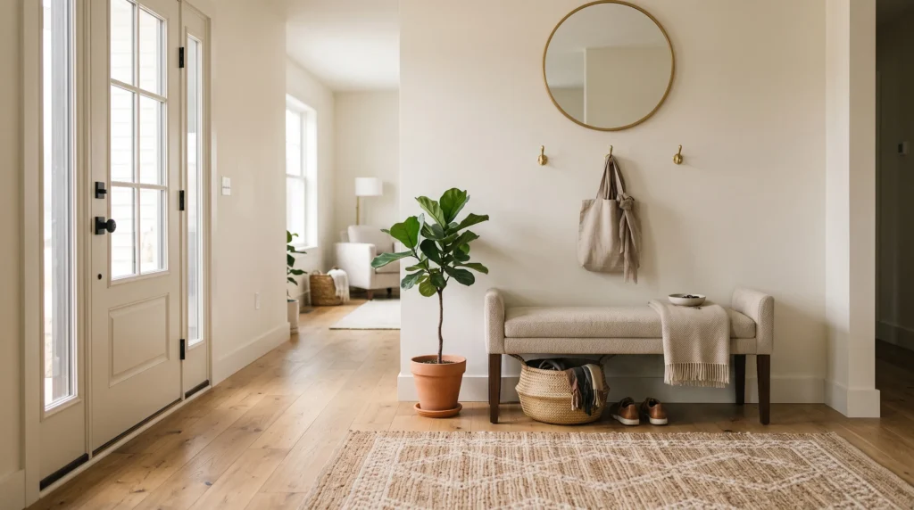 Well-proportioned entryway bench with comfortable space around it.
