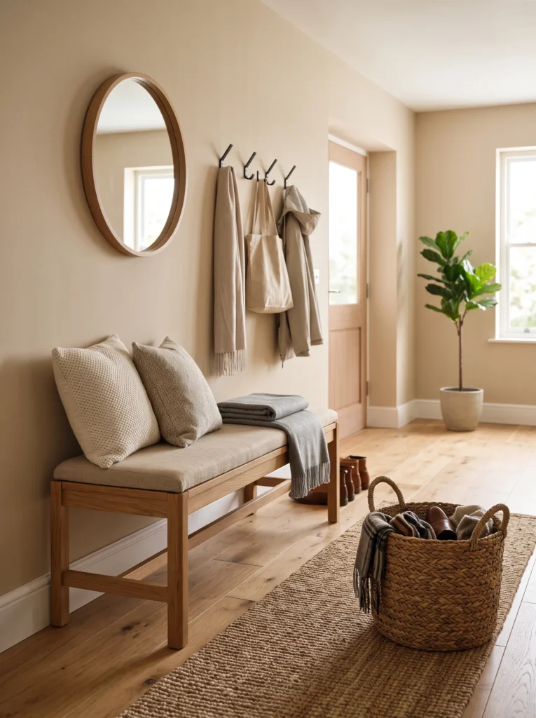Entryway bench with a comfortable standard seating height for putting on shoes.
