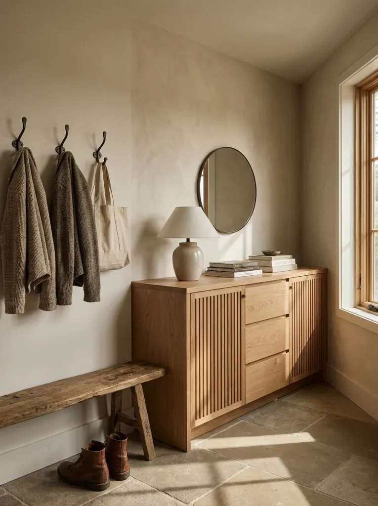 Entryway combining open hooks with closed storage