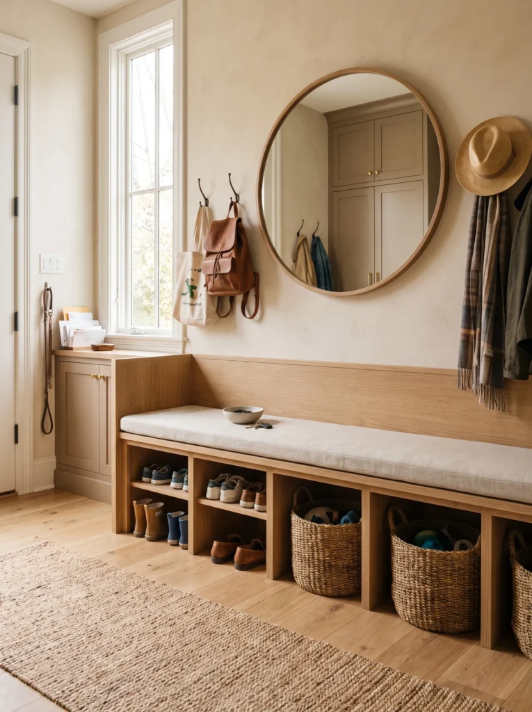 Entryway storage bench with baskets and shoes organized underneath.