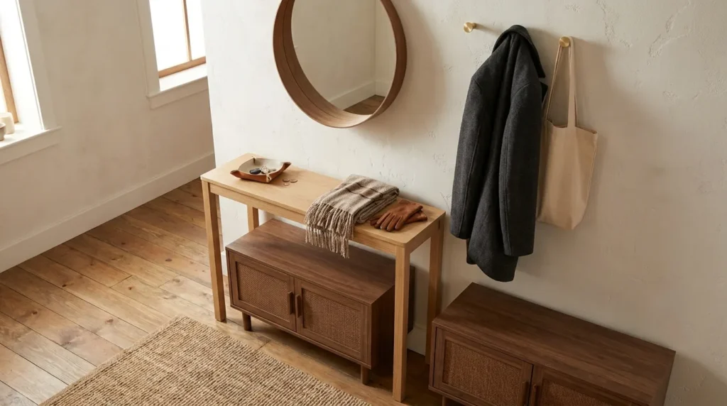Organized entryway with visible daily essentials and concealed storage