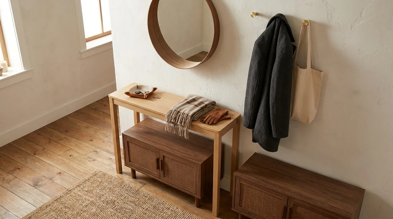 Organized entryway with visible daily essentials and concealed storage