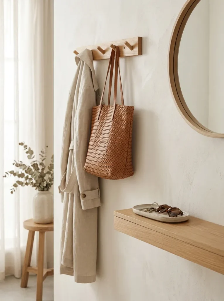 Entryway hooks and tray holding a few everyday essentials