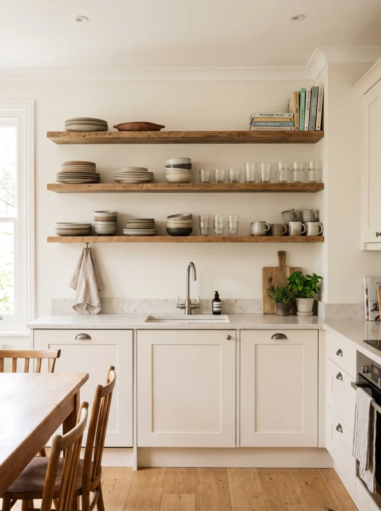 Open kitchen shelves storing everyday plates, bowls, glasses, and mugs.