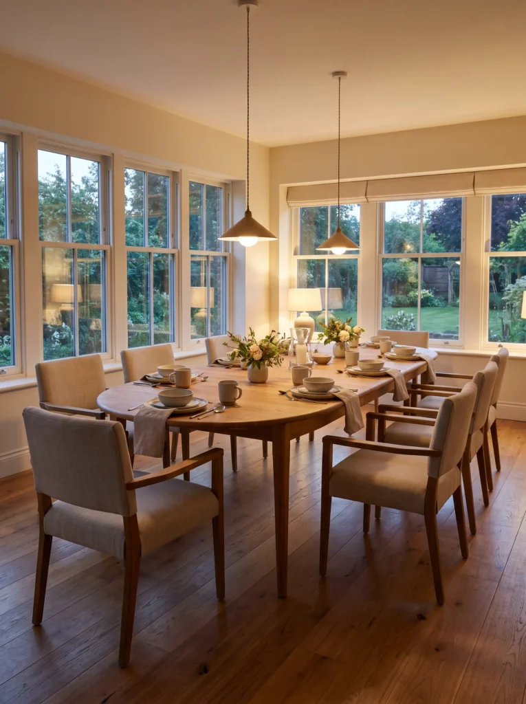 Extendable dining table providing additional seating while maintaining comfortable room clearance.