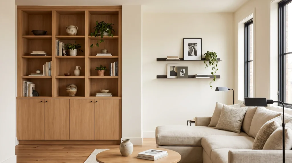 Living room showing the contrasting look of floating shelves and built-in shelving.