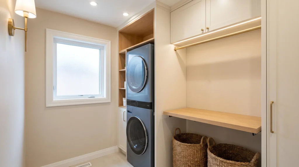 Compact laundry room with stacked appliances, vertical storage, folding counter, and hanging space.