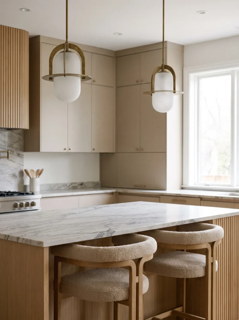 Kitchen island pendant lights positioned to maintain comfortable sightlines from counter seating.