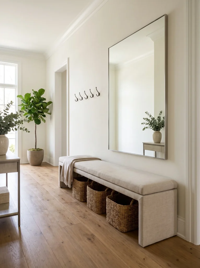 Long entryway bench proportioned to a wide wall with hooks and storage.