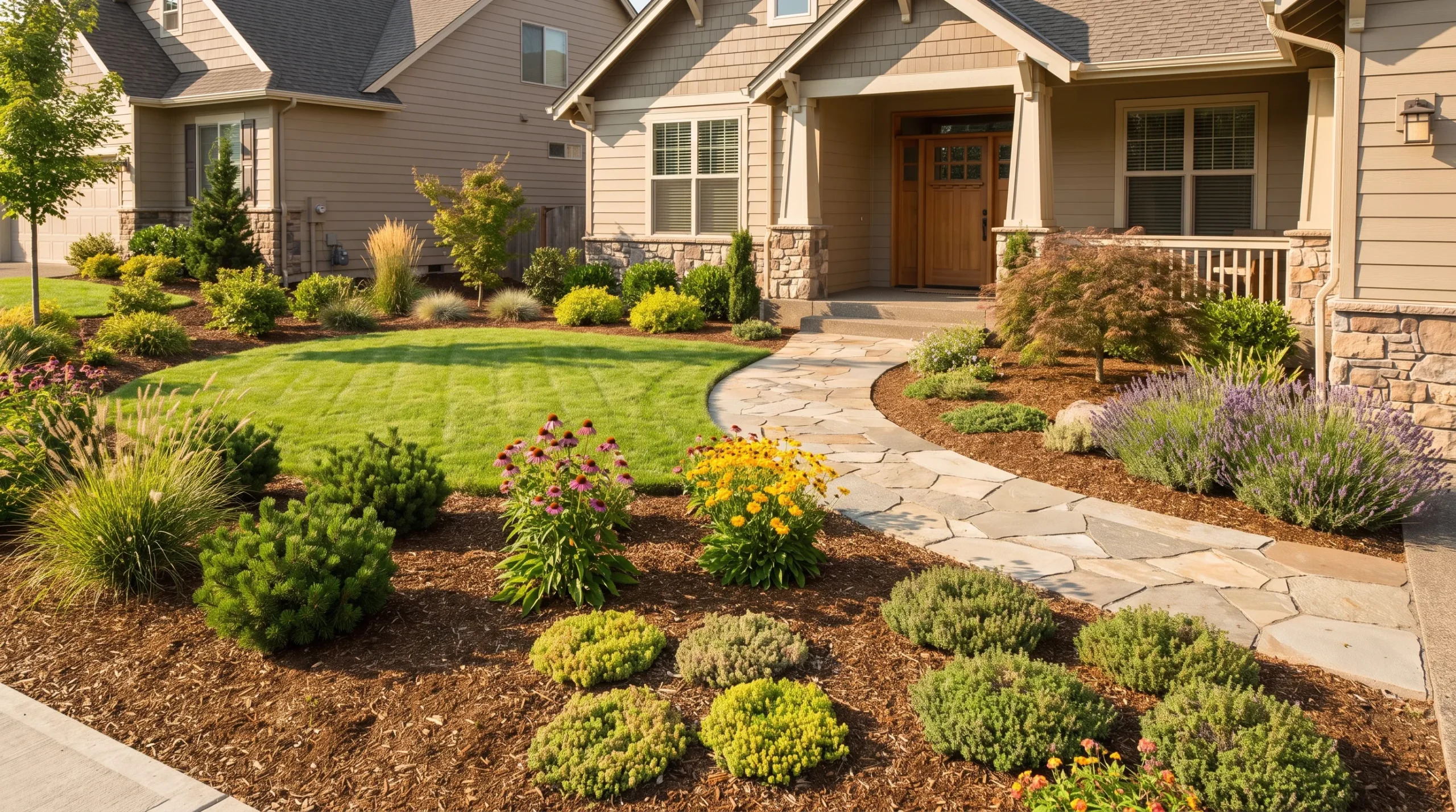 Beautiful low-maintenance front yard with lawn, structured planting beds, shrubs, and walkway