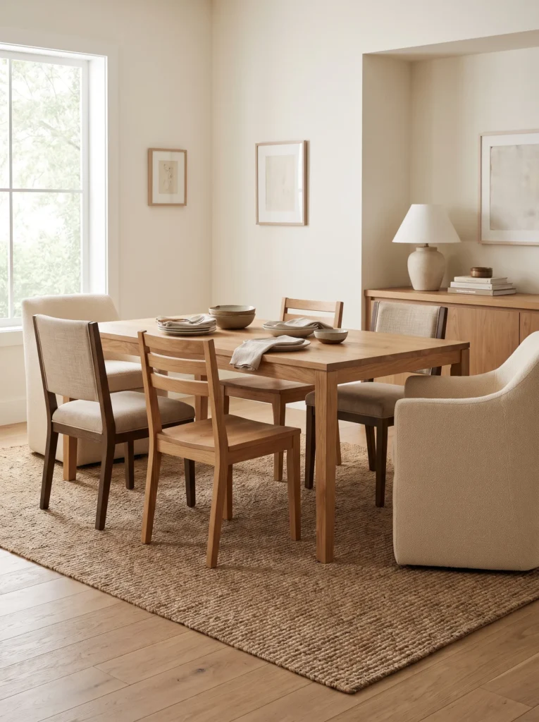Mixed dining chairs around a wooden table with coordinated proportions and materials