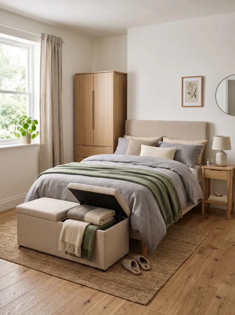 Small bedroom with storage bench and multifunctional furniture