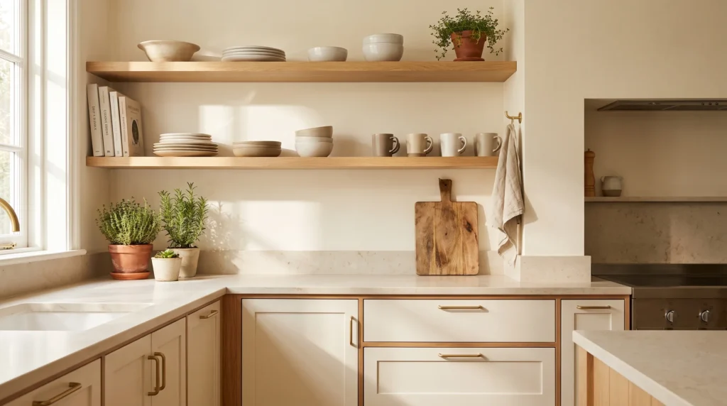Open kitchen shelving styled with everyday dishes and decor.