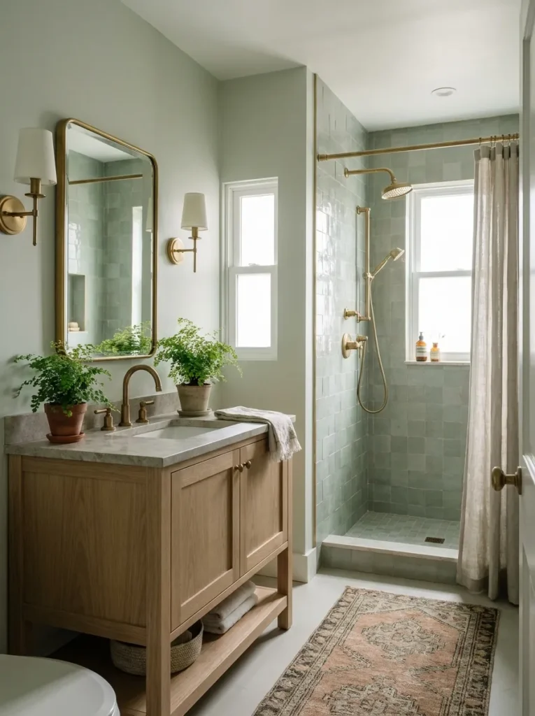 A small bathroom painted in muted sage green, featuring warm wood accents and brass hardware.