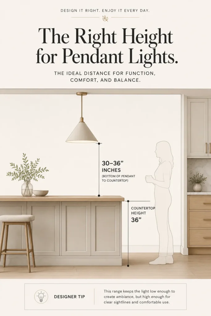 Diagram showing the recommended 30 to 36 inch distance between a kitchen island countertop and pendant light.