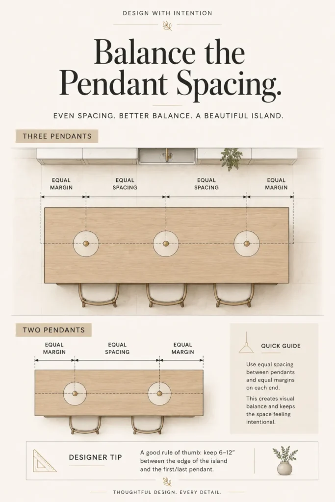 Top-down diagram showing balanced spacing for two or three pendant lights over a kitchen island.