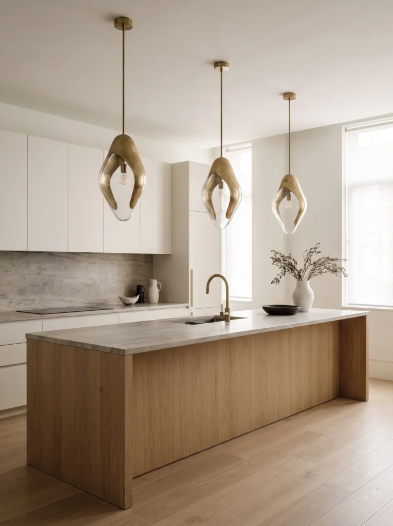 Three evenly spaced pendant lights positioned over a long kitchen island.