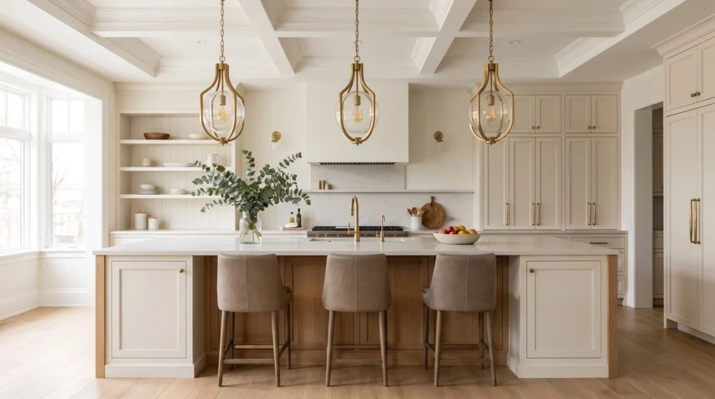 Pendant lights hanging at the right height over a modern kitchen island.
