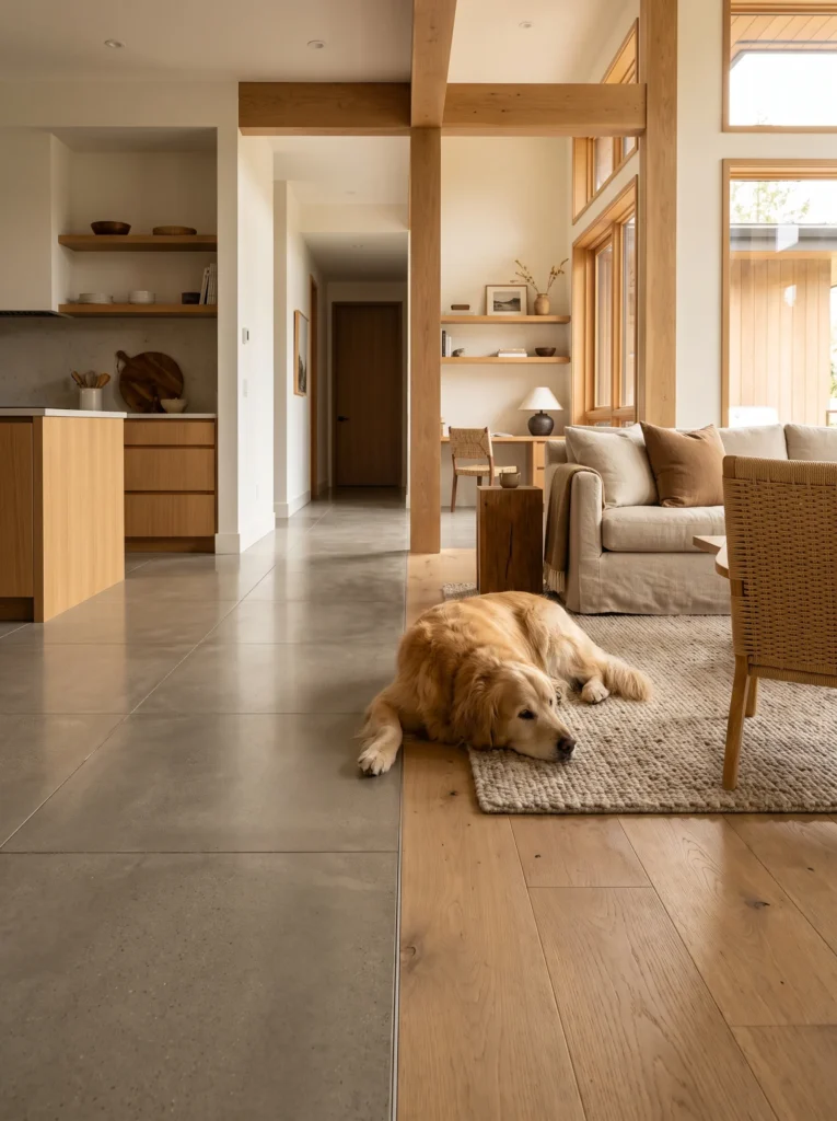 Different flooring surfaces used in separate rooms of a pet-friendly home.