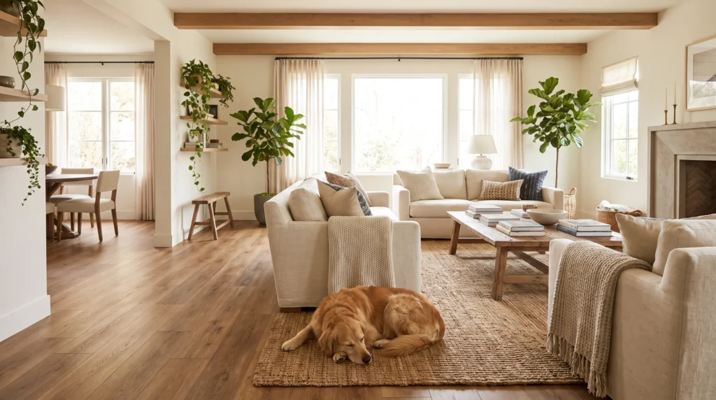 Modern living room with durable pet-friendly flooring and a relaxed dog.